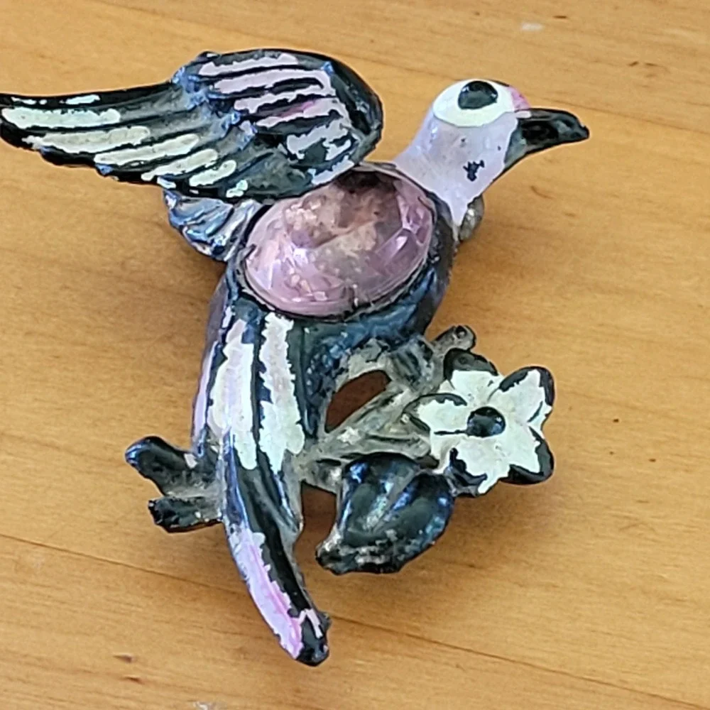 Vintage 1940s Celluloid Jelly Belly Bird Brooch Pink Rhinestone Pin